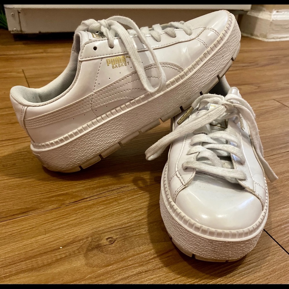 Puma Basket Platform Shoes Beige Patent Leather